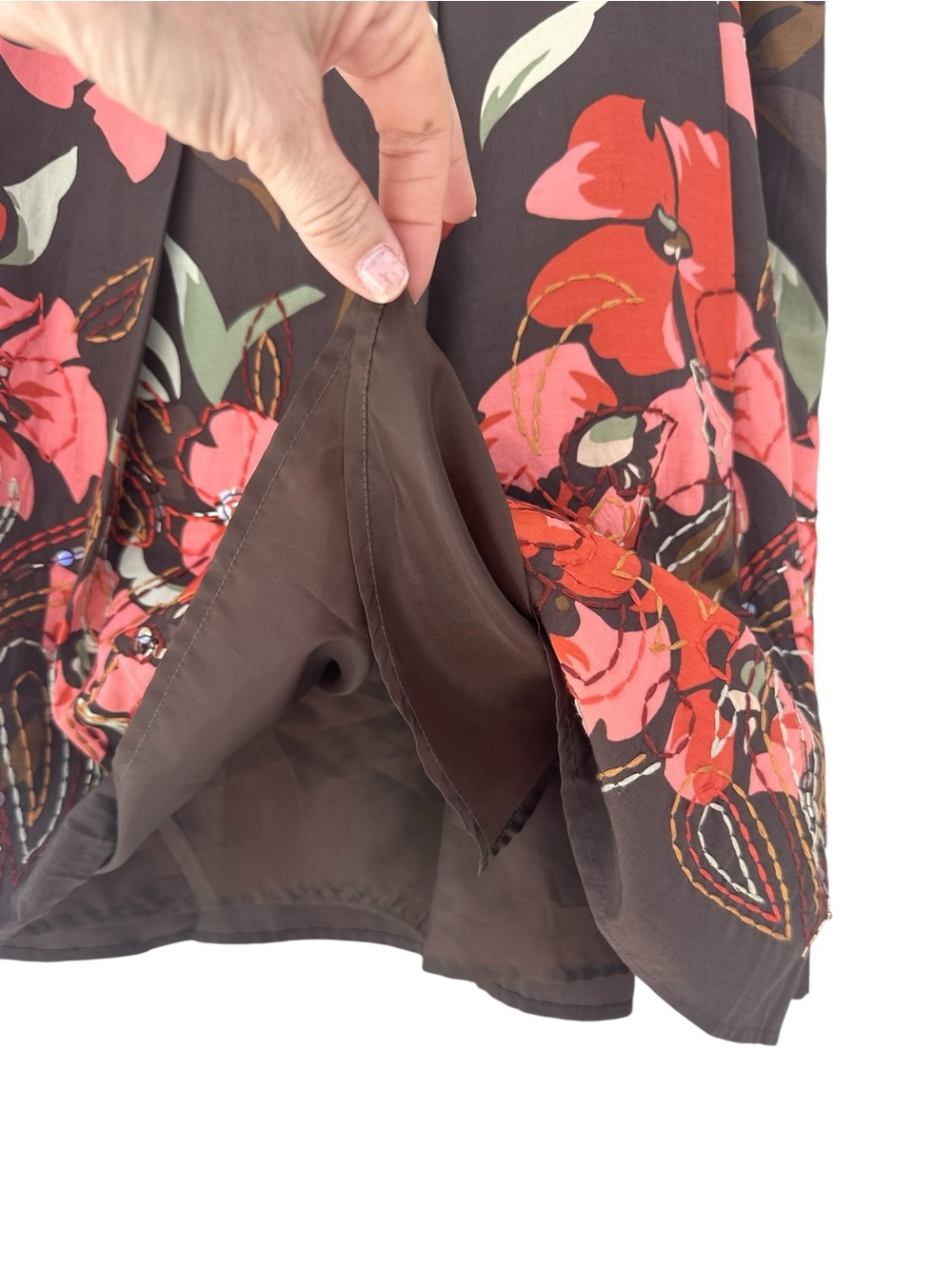Talbots Brown Pleated Circle Skirt with Pink Embroidered Beaded Floral Print, 16 - Picture 4 of 13